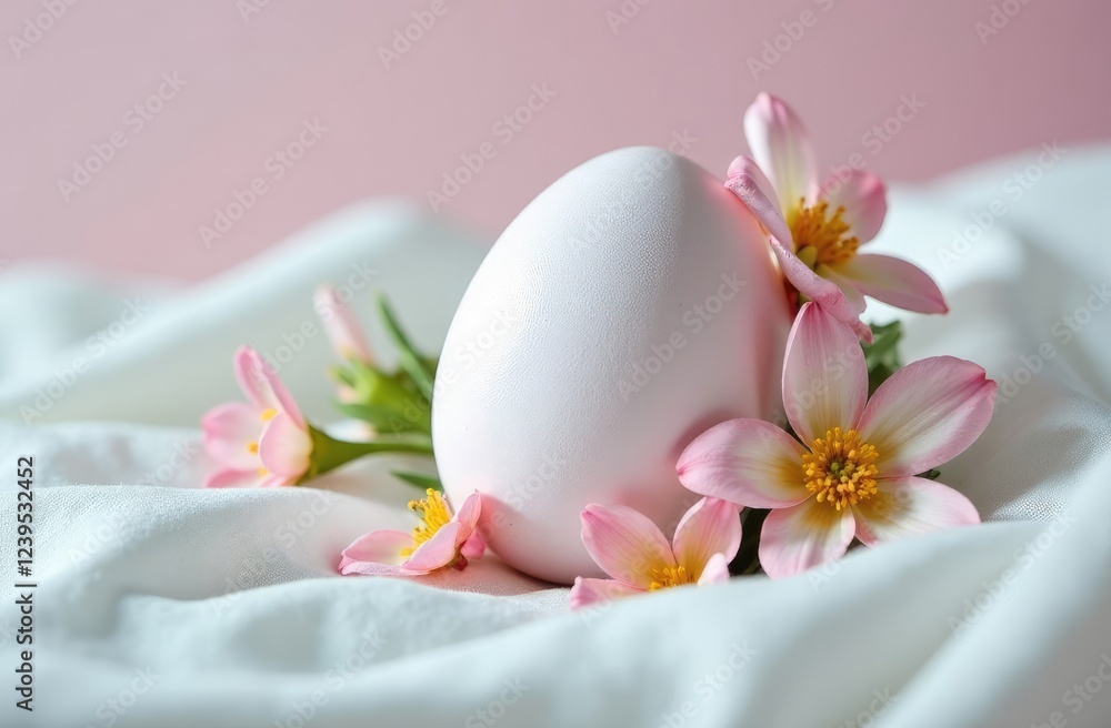 As if woven from dreams, a pastel-colored Easter egg with a scattering of flowers on its side lies on velvety fabric As if woven from dreams, a pastel-colored Easter egg with a scattering of flowers on its side lies on velvety fabric