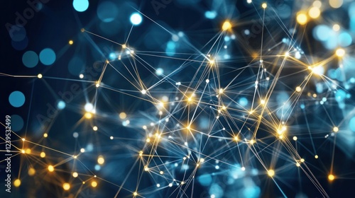 Abstract network connections with luminous points over dark blue background