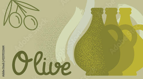 Oilve oil retro background with bottle and hand drawn elements. Best for posters, menu designs. Vector illustration.