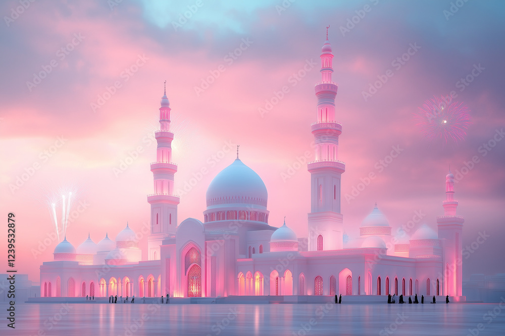 Obraz premium A vibrant mosque illuminated at dusk, with people gathering for evening prayers. The sky is filled with colorful fireworks celebrating Eid Mubarak.