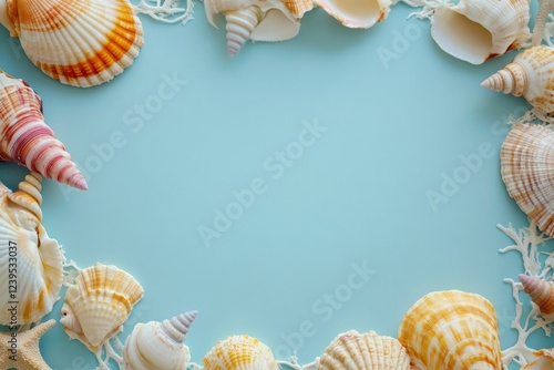 Colorful seashells arranged on a light blue background for a coastal themed decoration or craft project. Generative AI photo