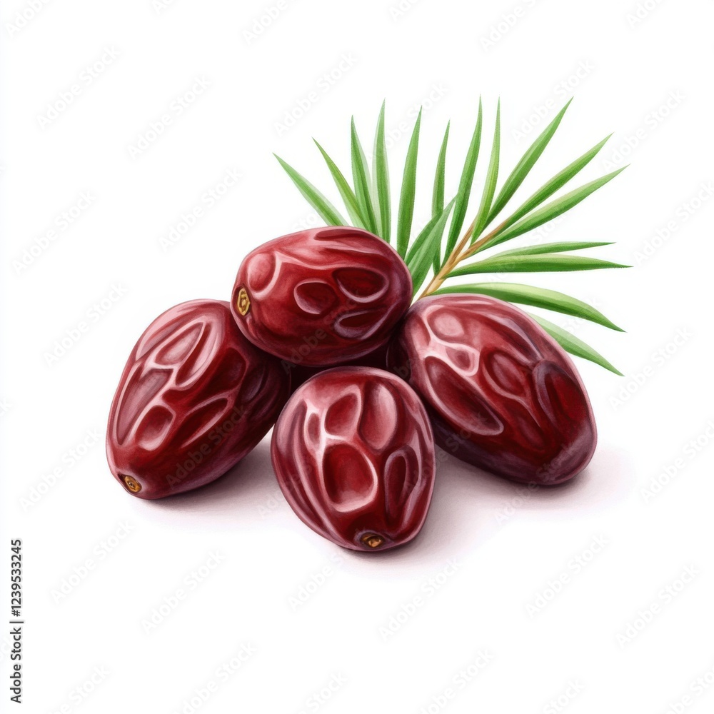 Fresh Red Dates with Green Palm Leaves on a Bright Background for Culinary and Health Concepts Fresh Red Dates with Green Palm Leaves on a Bright Background for Culinary and Health Concepts