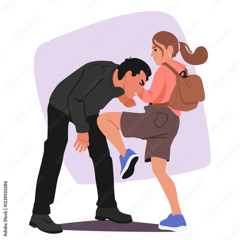 Student girl child cartoon character applying combative techniques to fight bandit on street Student girl child cartoon character applying combative techniques to fight bandit on street