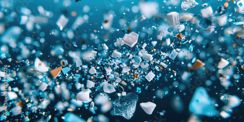 Close-up microplastics particles floating in clear water, concept of environmental impact, plastic pollution in drinking water sources. 