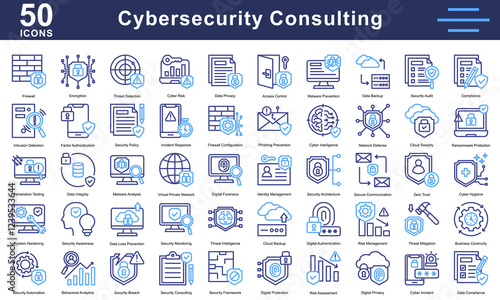 Cybersecurity Consulting icon collection set. Containing Firewall, Encryption, Threat Detection, Cyber Risk, Data Privacy, Malware Prevention, Data Backup, Security Audit. Simple dual tone vector.