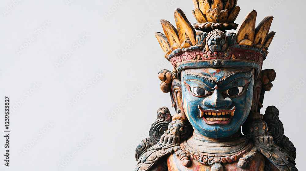 Fototapeta premium a striking blue-faced guardian deity statue with golden crown intricate carvings and fierce expression representing cultural mythology 