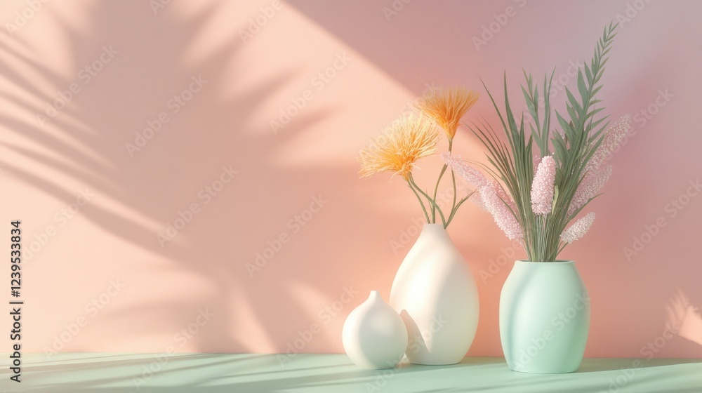 Pastel Flowers in Elegant Vases on a Soft Pink Background Pastel Flowers in Elegant Vases on a Soft Pink Background