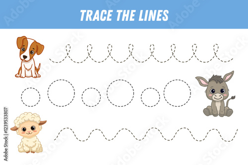 Tracing lines for kids. Cute cartoon dog, donkey and lumb. Funny animals. Handwriting practice. Educational game for preschool kids. Activity page. Vector