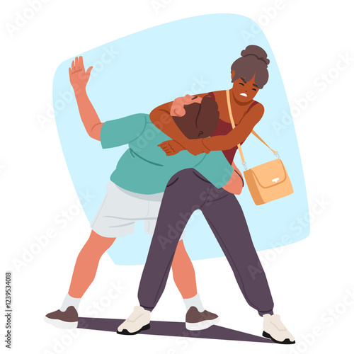 Angry woman cartoon character applying hand grip on male thief neck defending herself successfully