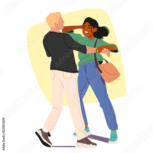 Furious young woman cartoon character attacking robber bandit on street vector illustration