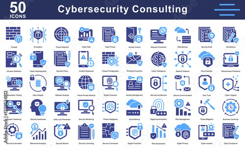 Cybersecurity Consulting icon collection set. Containing Firewall, Encryption, Threat Detection, Cyber Risk, Data Privacy, Malware Prevention, Data Backup, Security Audit. Simple mixed vector.