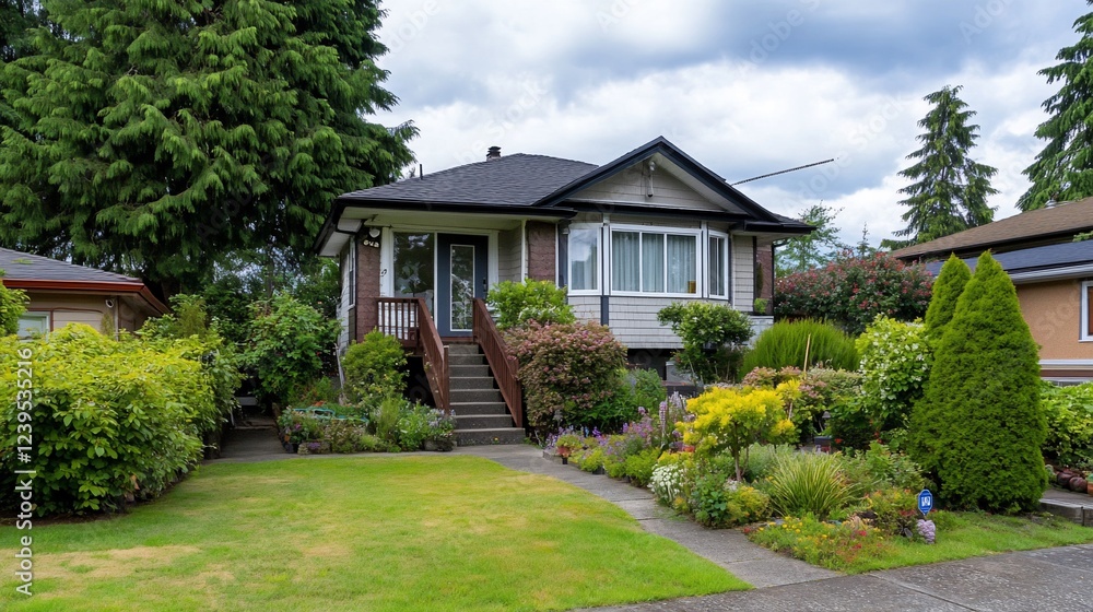 Charming Suburban Home with Lush Garden and Cloudy Sky in residential area Charming Suburban Home with Lush Garden and Cloudy Sky in residential area