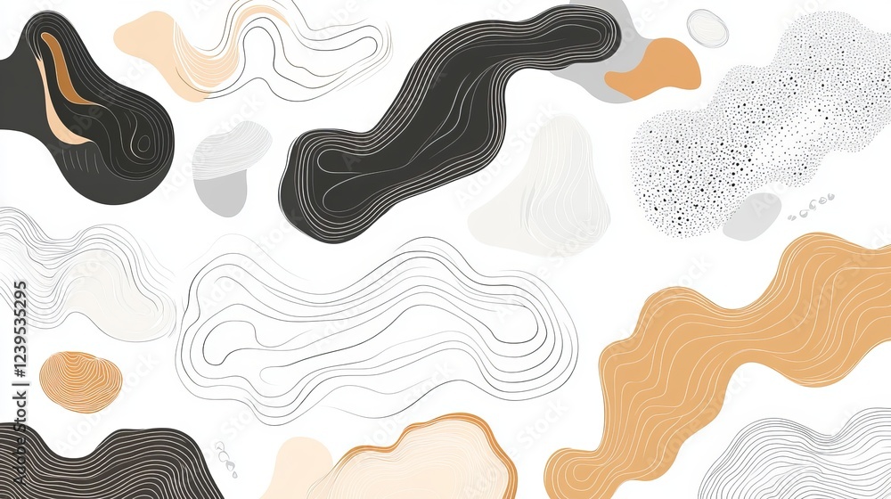 A set of organic, flowing line shapes forming dynamic abstract blobs with a fluid, wave-like appearance. Flat vector illustration A set of organic, flowing line shapes forming dynamic abstract blobs with a fluid, wave-like appearance. Flat vector illustration