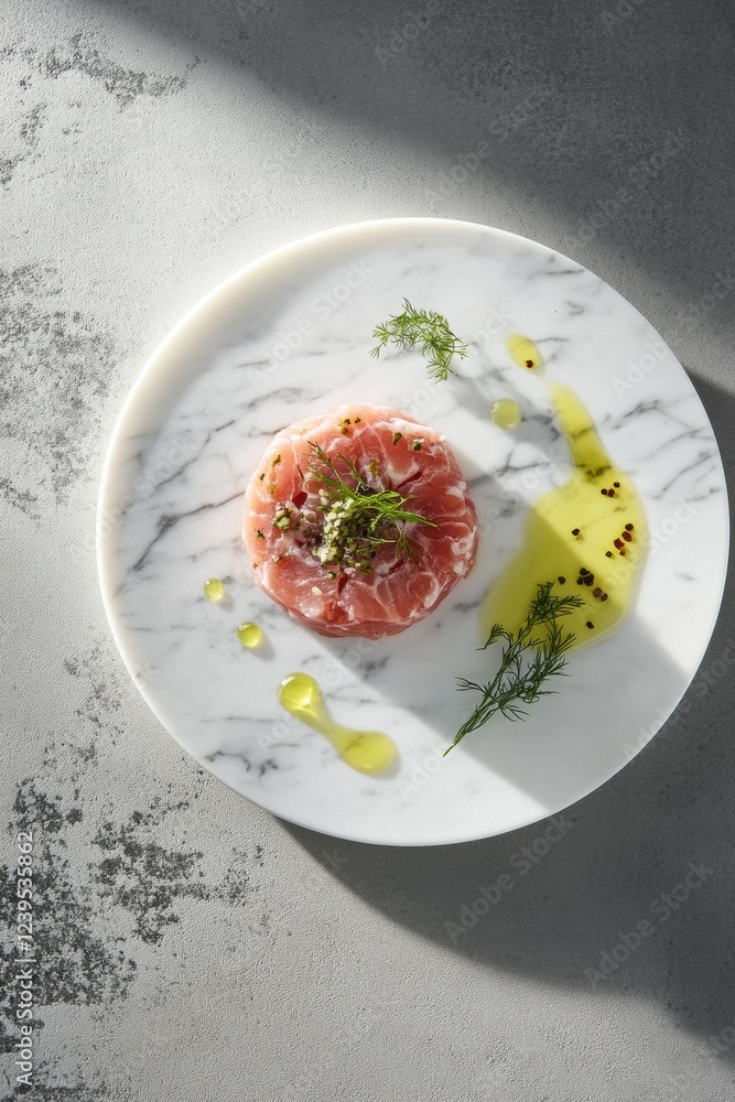Fine dining flat lay of raw tuna or beef tartare with truffle oil drizzle and micro herbs on marble plate. Elevated everyday meal serving Fine dining flat lay of raw tuna or beef tartare with truffle oil drizzle and micro herbs on marble plate. Elevated everyday meal serving