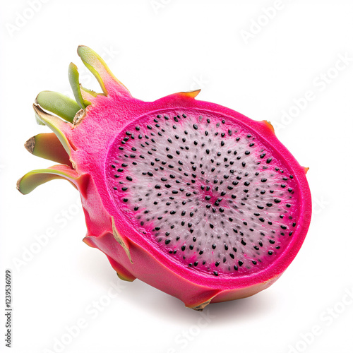 Fresh juicy dragon fruit half with white flesh and black seeds on a clean white background for healthy eating concept photo