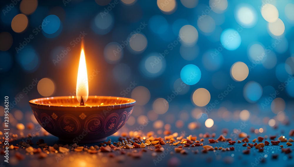 Sparkling Diwali Celebration with Diya & Blue Bokeh Background Hindu festival of lights. Pongal, Ugadi, puja, Gudi Padwa, invitation card Sparkling Diwali Celebration with Diya & Blue Bokeh Background Hindu festival of lights. Pongal, Ugadi, puja, Gudi Padwa, invitation card