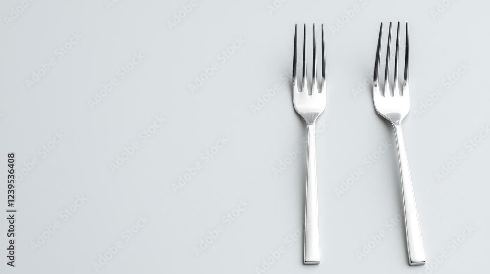 Two forks on grey background, minimalist food setting, restaurant menu design Two forks on grey background, minimalist food setting, restaurant menu design