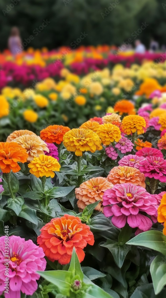 Vibrant Flower Garden Displaying Colorful Zinnias in Full Bloom Vibrant Flower Garden Displaying Colorful Zinnias in Full Bloom