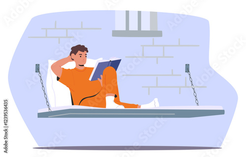 Young man prisoner cartoon character wearing orange jumpsuit resting reading book behind bars