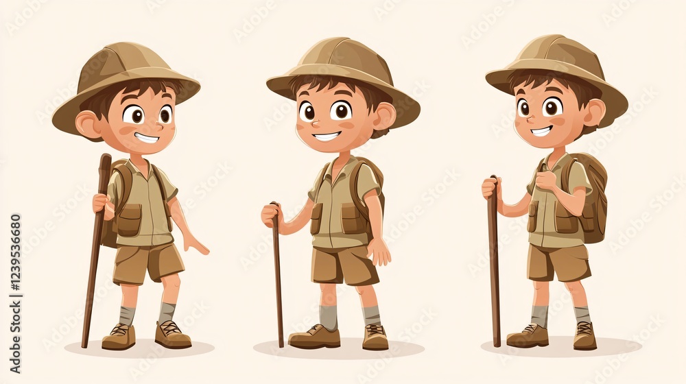 Cheerful Cartoon Boy in Safari Outfit Exploring Nature with Walking Stick Cheerful Cartoon Boy in Safari Outfit Exploring Nature with Walking Stick