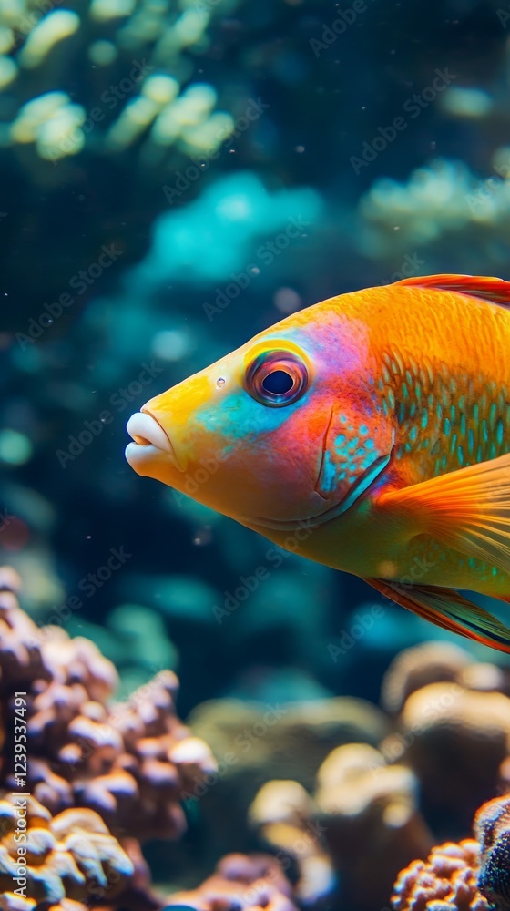 Fototapeta premium Vibrant Orange Fish Swimming Among Colorful Coral Reef in Ocean