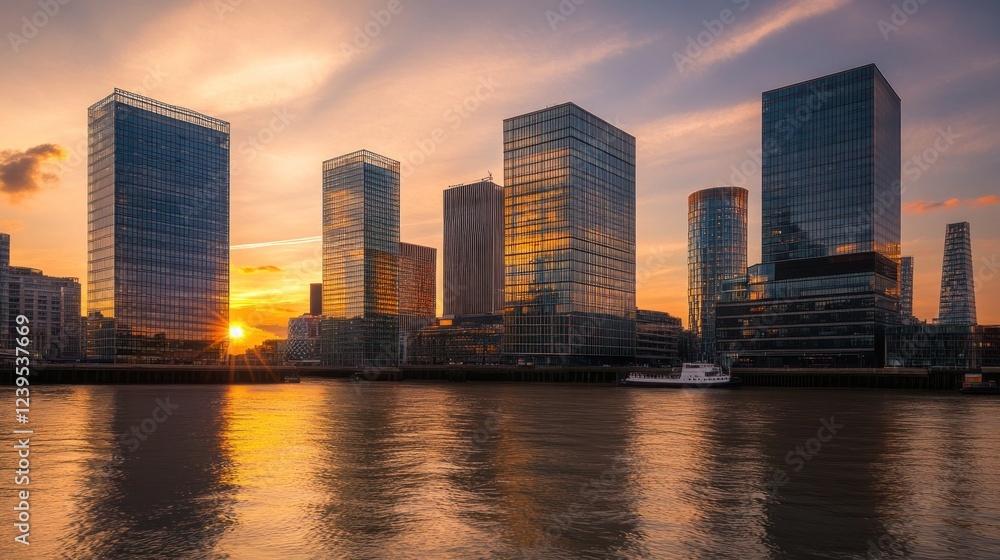 Fototapeta premium Golden hour cityscape with reflection on the water of modern buildings