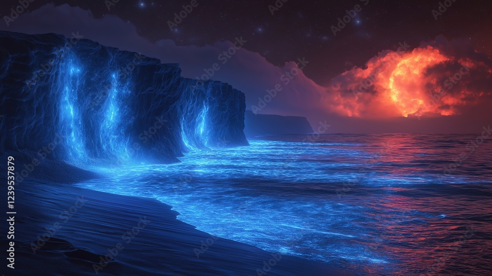 Fototapeta premium wave crashing shore at night time with blue bioluminescence calm peaceful ethereal beach