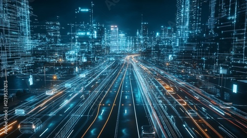 Futuristic Cityscape with Glowing Roads and Building Outlines at Night