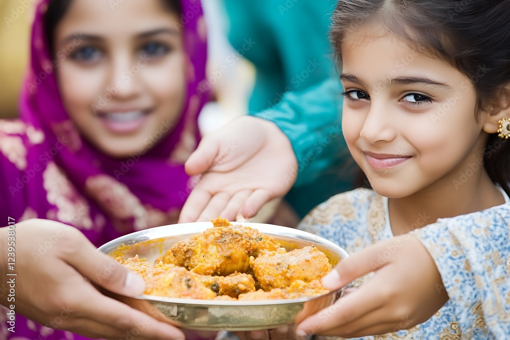 Young girl receives a bowl of food from another girl and an adult. Young girl receives a bowl of food from another girl and an adult.