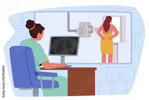 Doctor radiologist doing mammogram x-ray scanning for breast cancer detection vector illustration