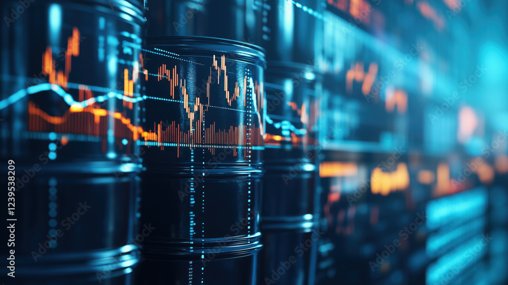Industrial Oil Barrels in the Foreground with a Blurred Digital Graph Displaying Global Petroleum Price Trends and Market Demands Industrial Oil Barrels in the Foreground with a Blurred Digital Graph Displaying Global Petroleum Price Trends and Market Demands
