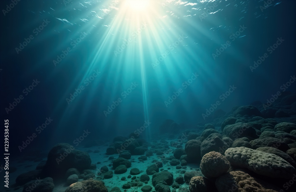 Naklejka premium Submerged rocks form tranquil underwater scene. Sunlight streams down from above creating beautiful beam effect. Deep blue water surrounds scene. Image calming effect. Perfect for nature eco-tourism