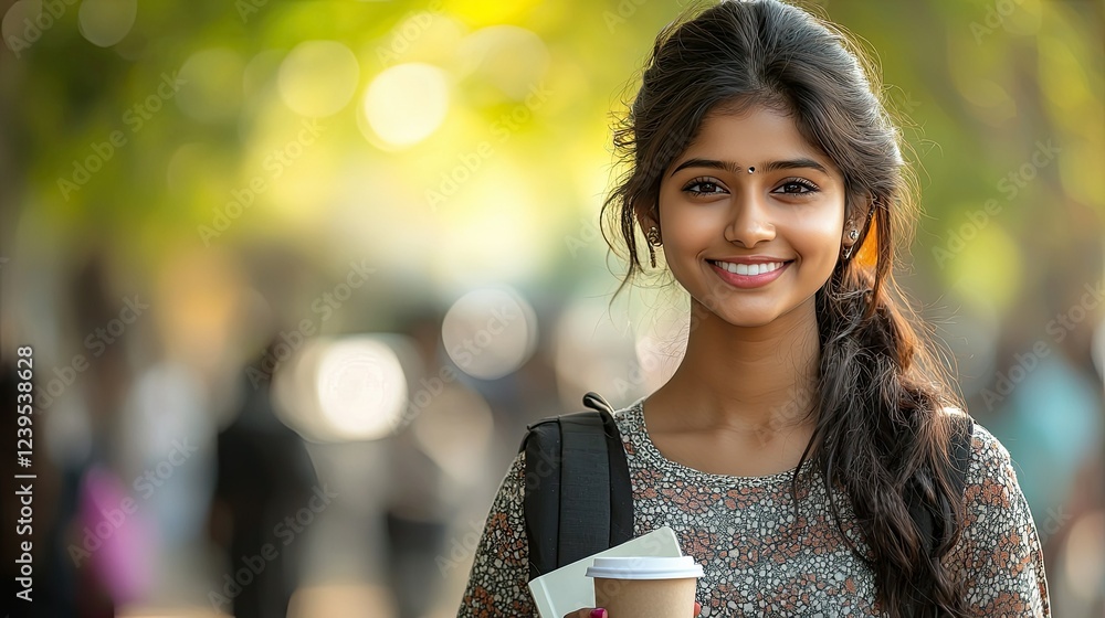 Smiling Young Woman Student Outdoors Holding Coffee Smiling Young Woman Student Outdoors Holding Coffee