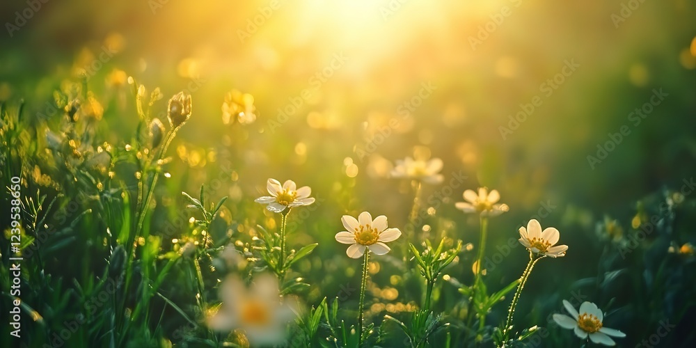 Fototapeta premium dreamy springtime white flower field background, soft sunlight peaceful flower field 