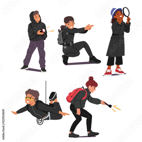 Cute children spy, detective, investigator, discoverer and secret agent cartoon characters set