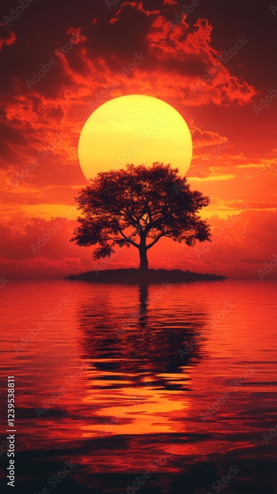 Serene Sunset Over Water with Silhouette of a Lone Tree Serene Sunset Over Water with Silhouette of a Lone Tree