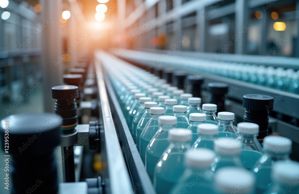 Automated bottling line in motion. Clear plastic bottles filled with light blue liquid moving along conveyor belt. White plastic caps placed on bottles. Industrial machinery used for efficient, clean Automated bottling line in motion. Clear plastic bottles filled with light blue liquid moving along conveyor belt. White plastic caps placed on bottles. Industrial machinery used for efficient, clean