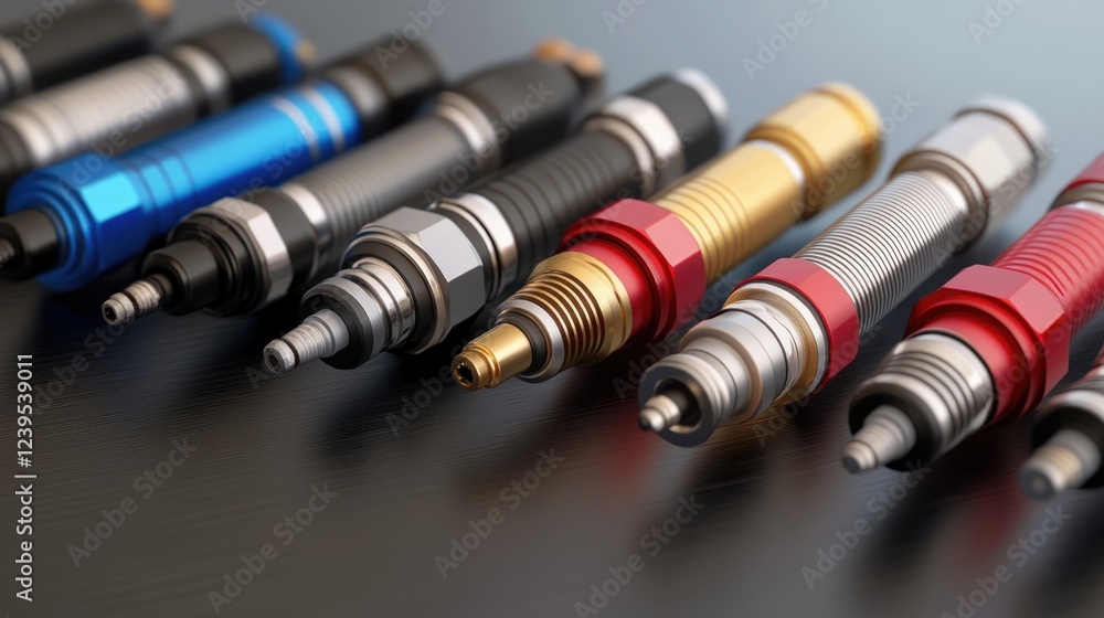 Collection of high-performance spark plugs and ignition coils displayed professionally. Collection of high-performance spark plugs and ignition coils displayed professionally.
