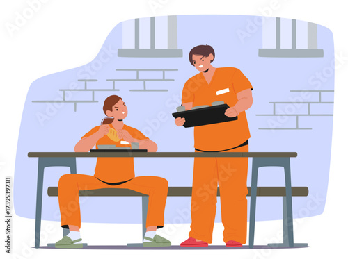 Furious angry women prisoners cartoon characters conflict at jail canteen vector illustration