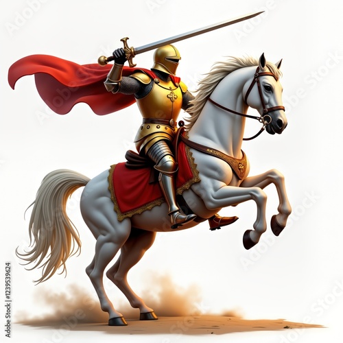 Medieval knight on white horse in action. Knight in golden armor holds sword high. Horse galloping. Heroic image for historic themes. Strong warrior. Epic action. Brave warrior on horseback ready for photo