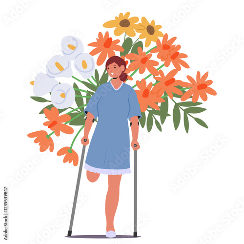 Beautiful woman cartoon character with amputee leg standing in crutches surrounded flowers