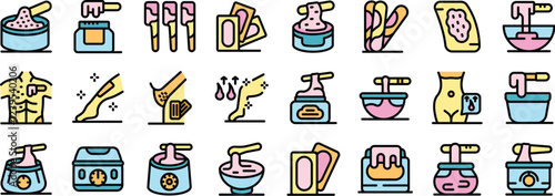 Depilation service and products icons set featuring waxing strips, jars, bowls, heater, and body parts undergoing waxing procedures