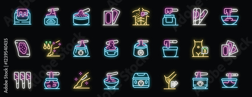 Bright neon icons depicting various methods and products used in waxing for hair removal, highlighting both hot and cold wax techniques