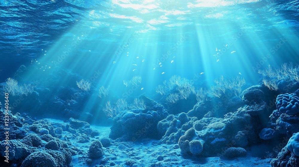 Fototapeta premium Sunlit underwater coral reef with fish and clear blue waters view