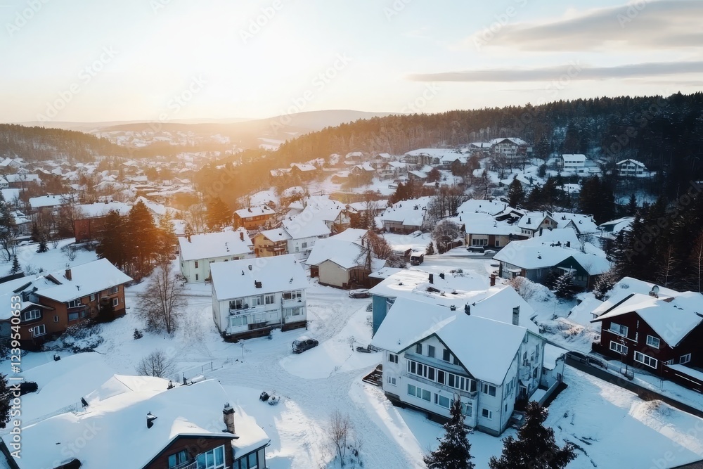 Fototapeta premium Snowy alpine village basking in golden sunrise reflections with cozy rooftops
