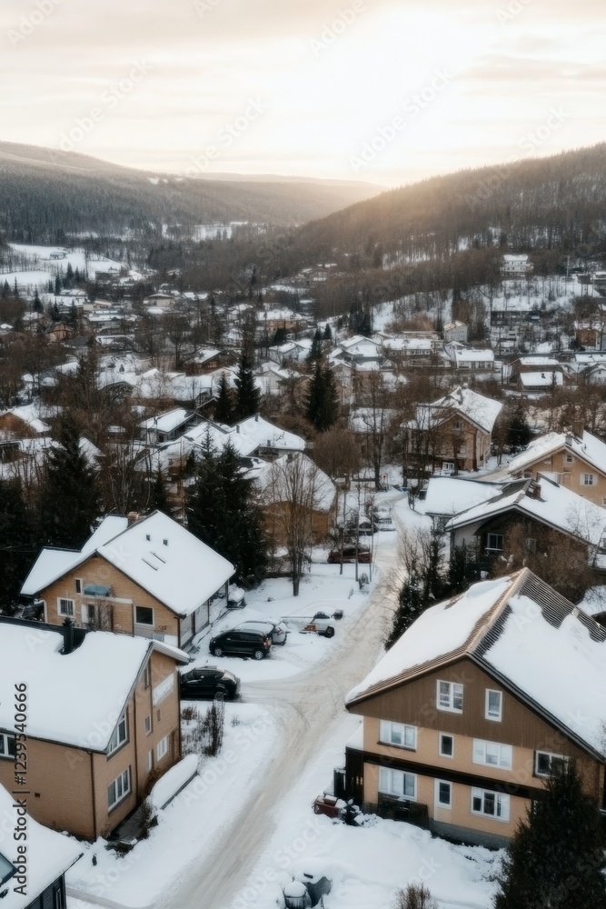 Fototapeta premium Snowy alpine village under a golden-pink sunrise creating cozy winter charm