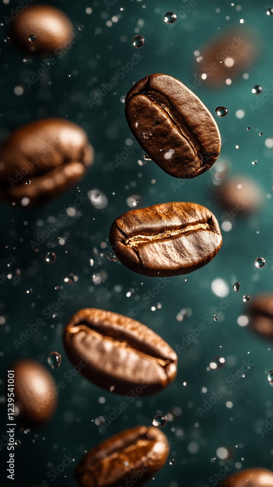 Coffee beans levitate in mid-air, water droplets, dark teal background Coffee beans levitate in mid-air, water droplets, dark teal background