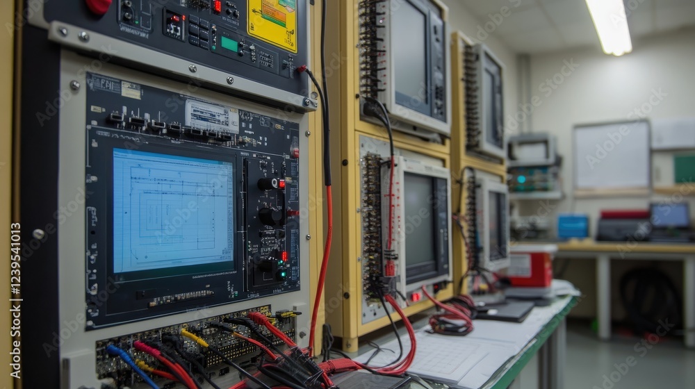Industrial testing lab with electrical appliances undergoing quality checks. Industrial testing lab with electrical appliances undergoing quality checks.