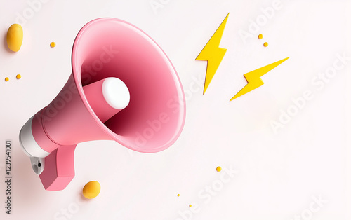 Marketing time concept, realistic 3d megaphone, loudspeaker with lightning photo