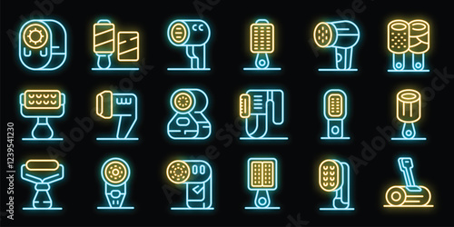 Glowing neon electric epilator icons represent various hair removal tools for achieving smooth and hairless skin